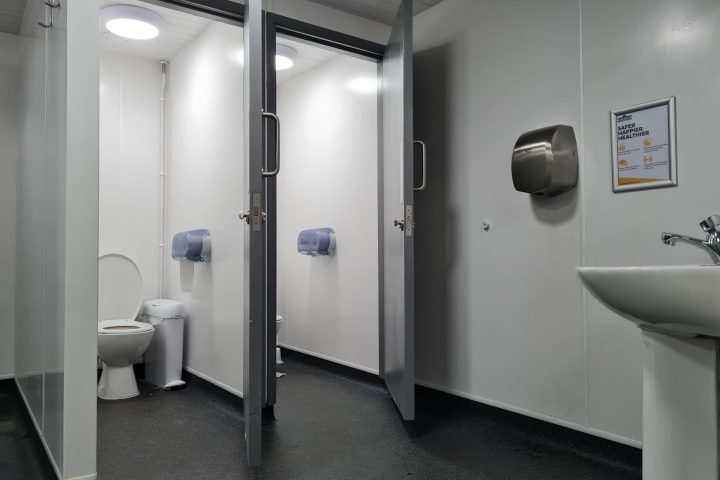 a restroom with a large mirror