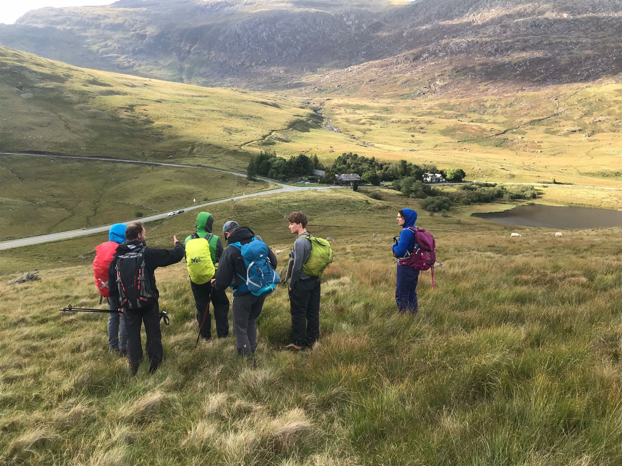 a group of people standing on a grassy hill