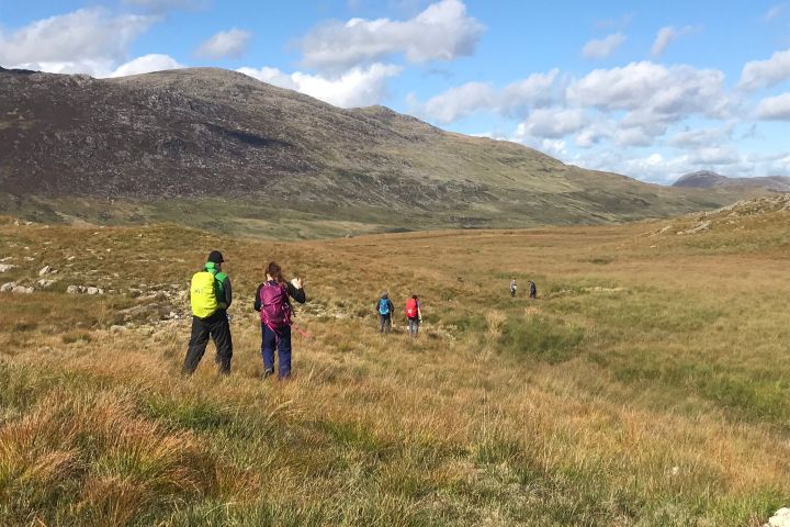 a group of people standing in a field with a mountain in the background