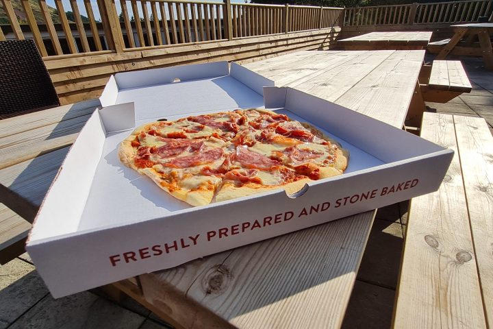 a pizza sitting on top of a picnic table