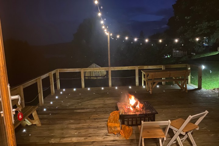 Fire pit and lights on the Pod deck