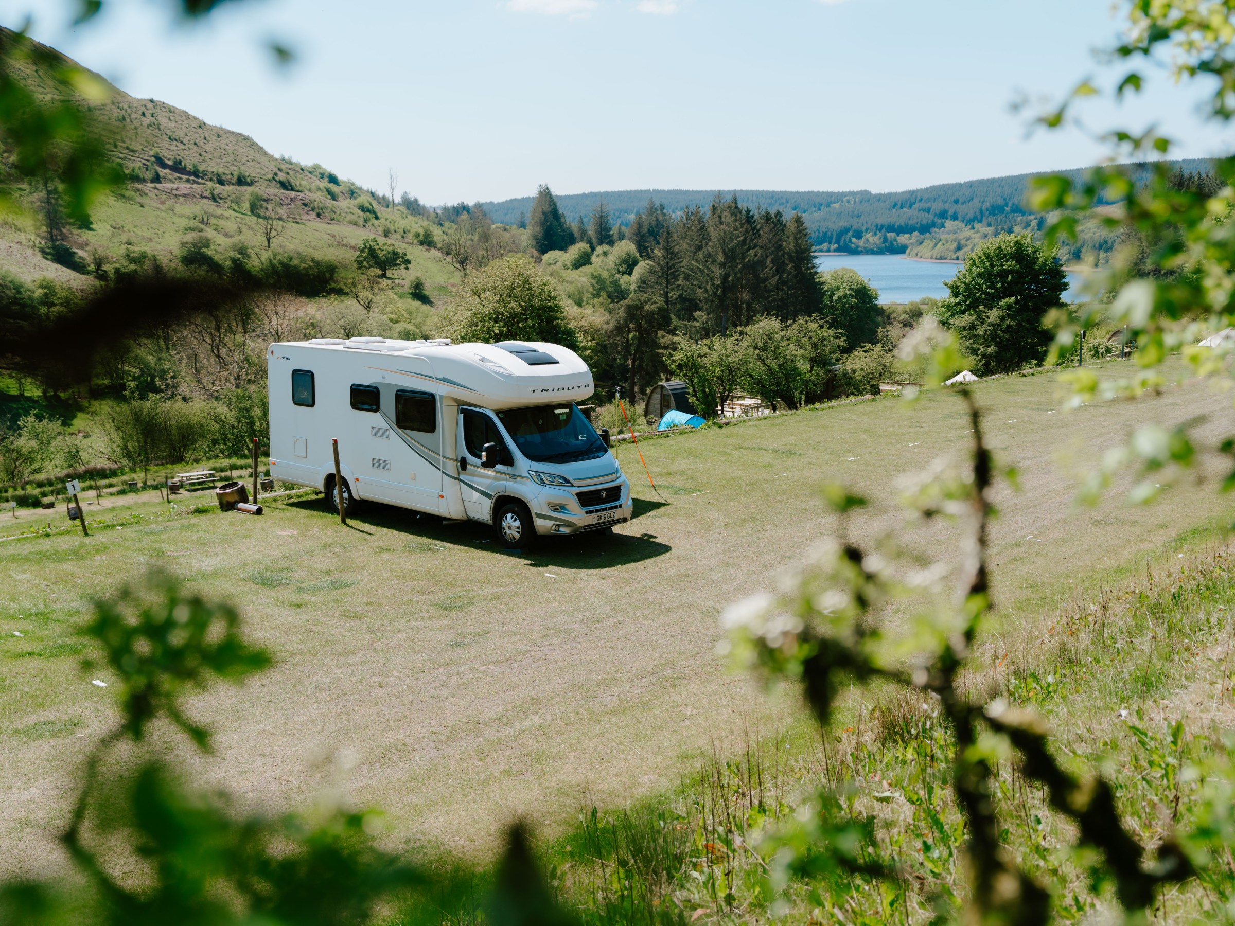 A white motorhome parked in a grassy field with trees and a lake in the background.