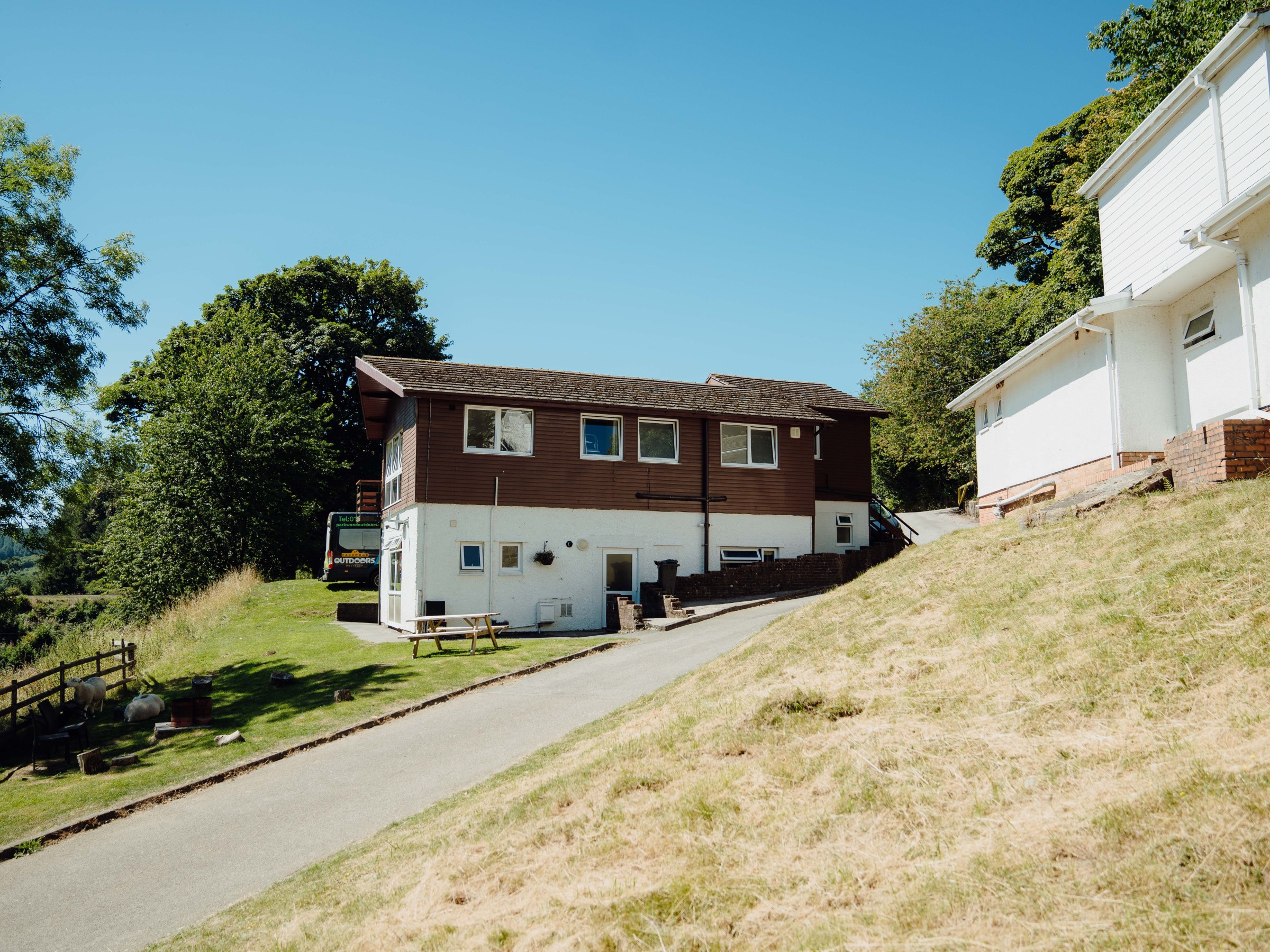 Two wooden houses on a sloped grassy hill with a clear blue sky.